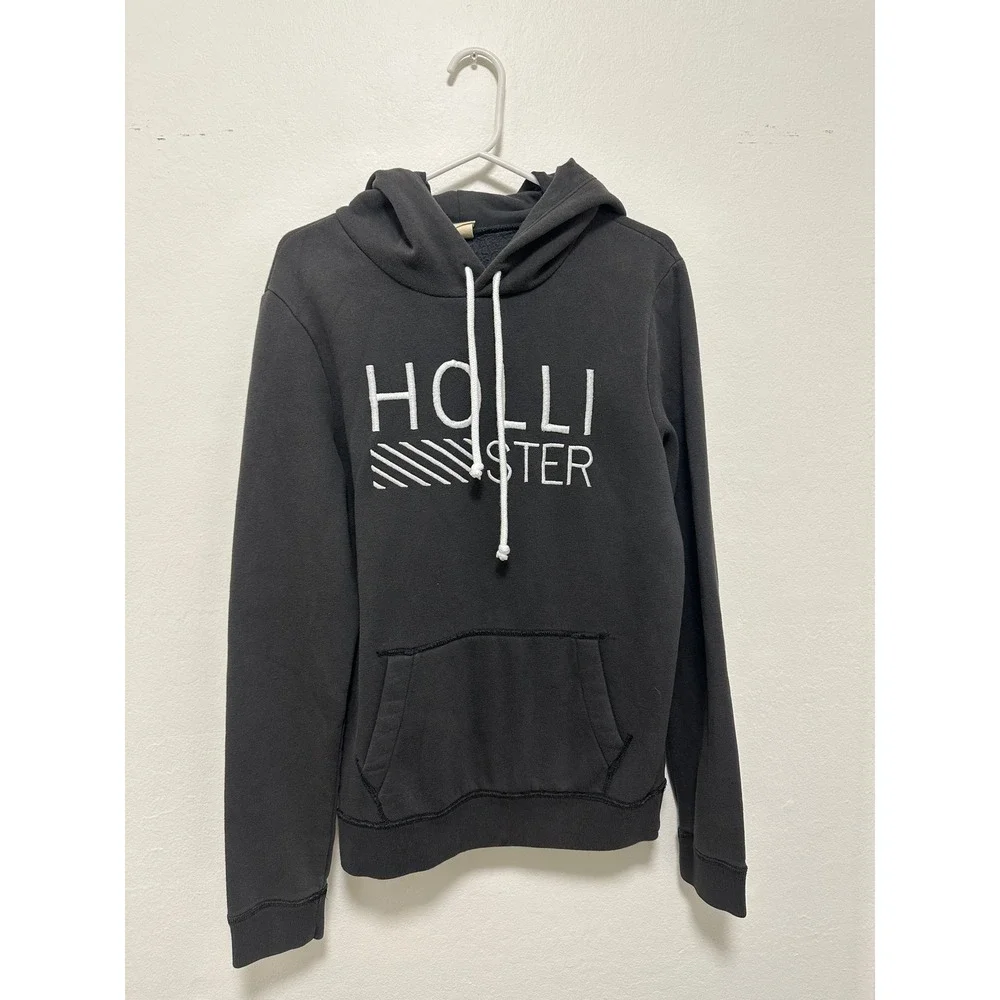 Hollister Hoodie Mens Small Black Embroidered Logo Pullover Sweatshirt - Picture 2 of 6